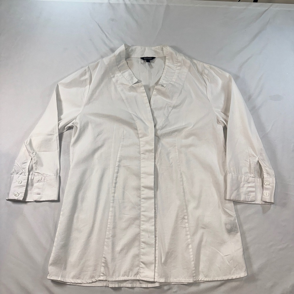 Bogari‎ White 3/4 Sleeve Split V-Neck Button Down Blouse Medium Professional Top